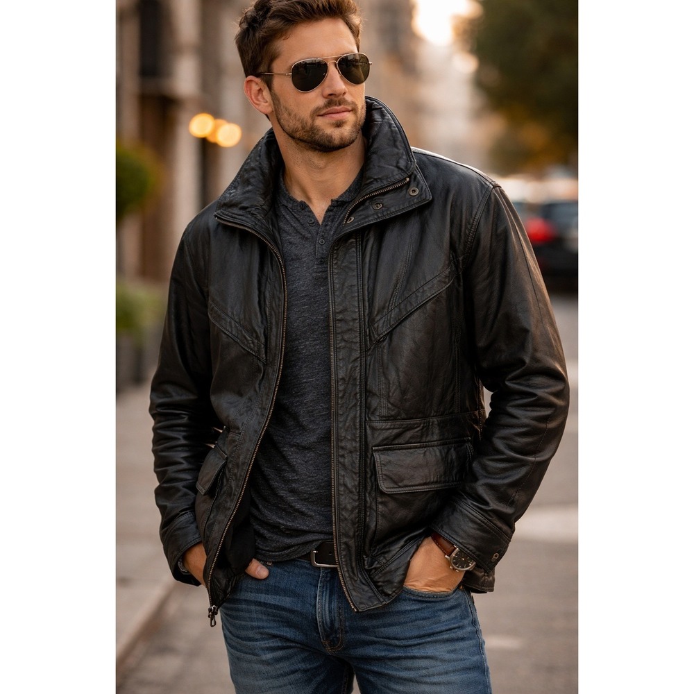 World Alliance Originals Leather Field Jacket Black Utility‎ Moto, Med, Festival